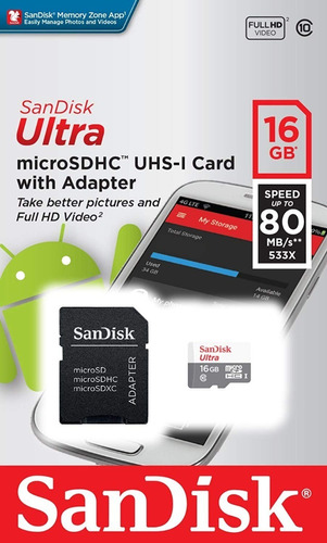 Memoria Micro Sd 16gb Sandisk Ultra 80 Mb/s Microsd