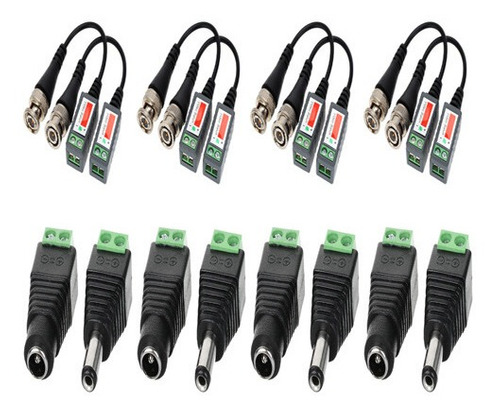 Kit De 4 Video Balun + 4 Pares Conectores Hembra Y Macho