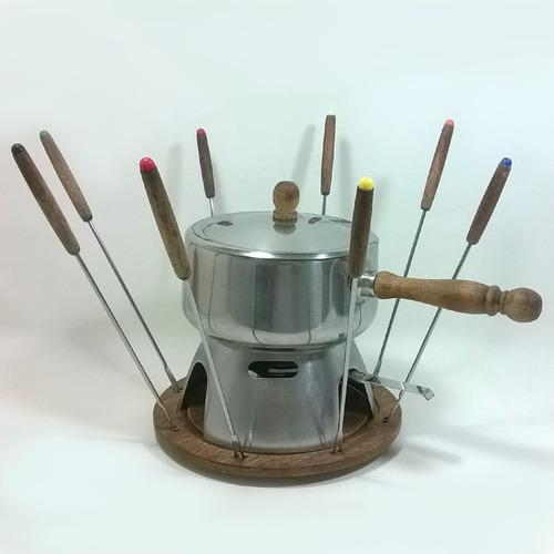 Fondue De Acero Inoxidable Con 8 Trinchadores Base De Madera