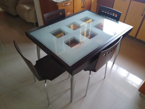 Mesa De Comedor De Vidrio Y Madera Extensible 4 Sillas