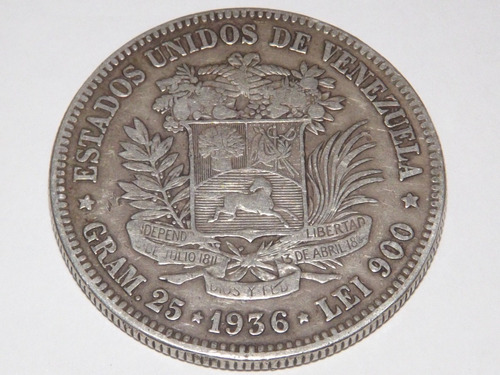 Moneda De Plata. Fuerte 5 Bs Bolívares. Fecha Año 