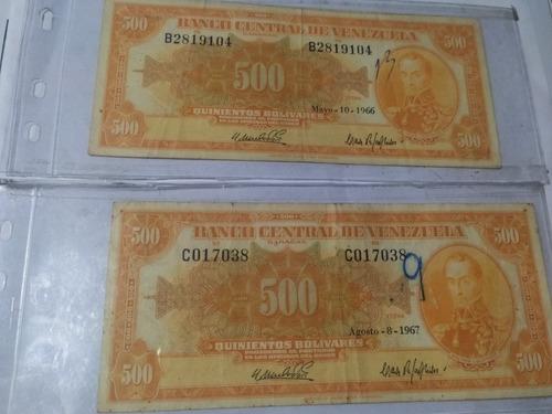 2 Billete De 500 Bs Canarios 1966 Y 1967