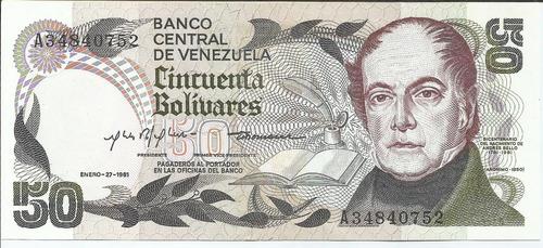 Billete 50 Bolívares. Enero 27 1981. Serial A-8.