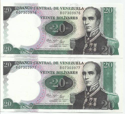 Dos Billetes 20 Bs Bolívares. Octubre 20 Año 1987 Serial