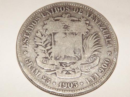 Moneda De Plata. Fuerte 5 Bs Bolívares. Fecha Año 1903
