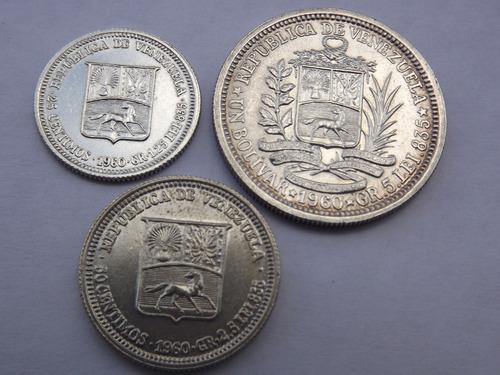 Tres Monedas De Plata: 1, 1/2 Y 1/4 Bolívares. Año 1960