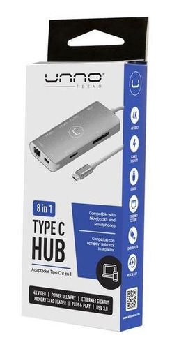 Hub Unnotekno Tipo C 8/1 Hdmi 4k Usb3 Red Sd Microsd Carg