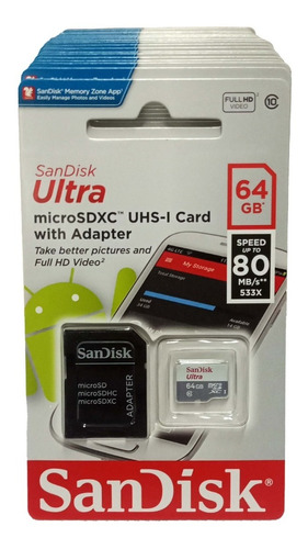 Memoria Micro Sdxc Sandisk 64gb Clase 10 Original Nuevo 25un