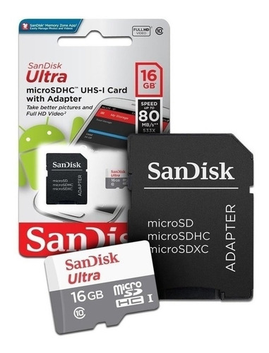Memoria Microsd Sandisk Ultra 16gb 80 Mb/s Clase 10/w