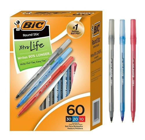 Bolígrafos Bic Round Stic Xtra Life(caja 60 Unid 3 Colores)