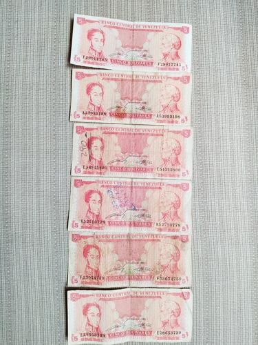 6 Billetes De 5 Cinco Bolívares Año 1989