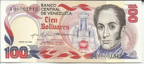 Excelente Billete 100 Bolívares Enero 29 1980. Nuevo.