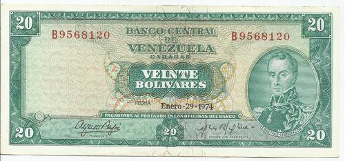 Excelente Billete 20 Bs Bolívares. Enero 29 Año 1974.