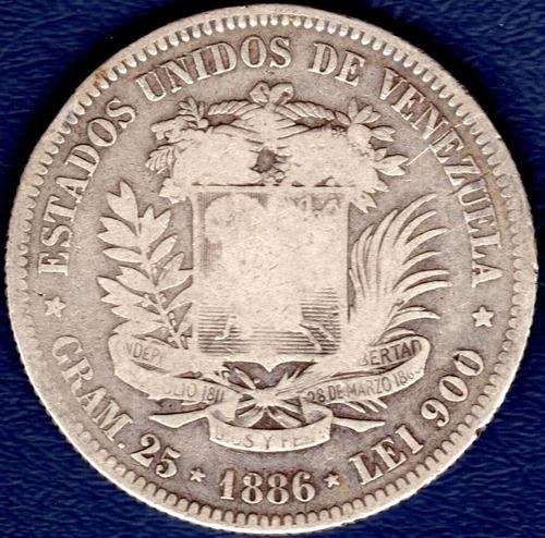 Moneda De 5 Bolívares De 1886 Fuerte De Plata