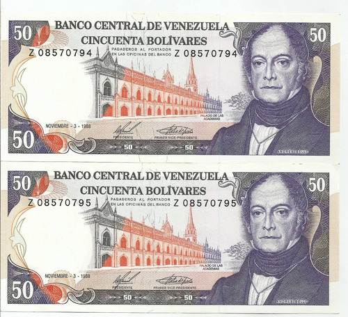 Excelente Dos Billetes 50 Bs Bolívares. Año 