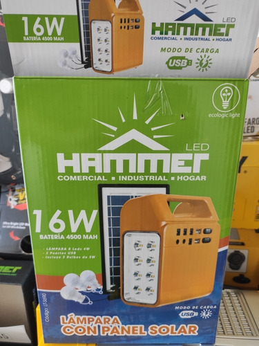 Lámpara Recargable Con Panel Solar Más 3 Bombillos Hammer