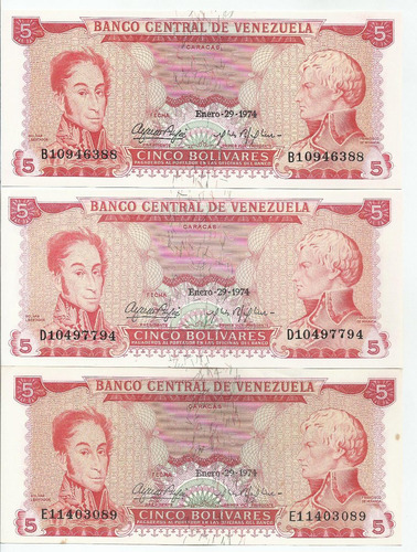 Tres Billetes 5 Bs Bolívares Enero  Serial B, D Y E