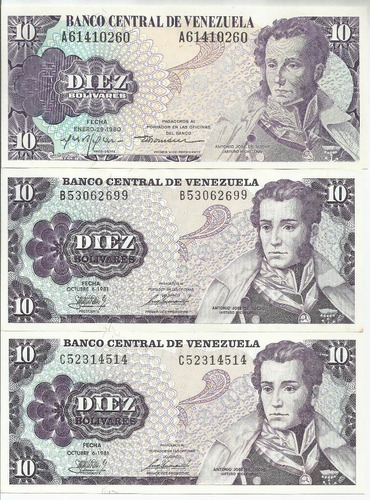 Tres Billetes Conmemorativos 10 Bolívares. Años:  Y