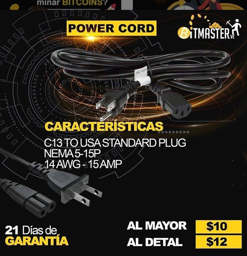 Cable Antminer Mineros Power Cord v 5-15p