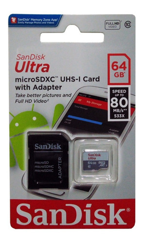Memoria Micro Sdxc Sandisk 64gb Clase 10 Original Sellado