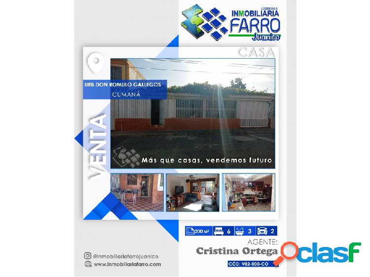 SE VENDE CASA UR. DON ROMULO GALLEGOS CUMANÁ VE01-1093SC-CG