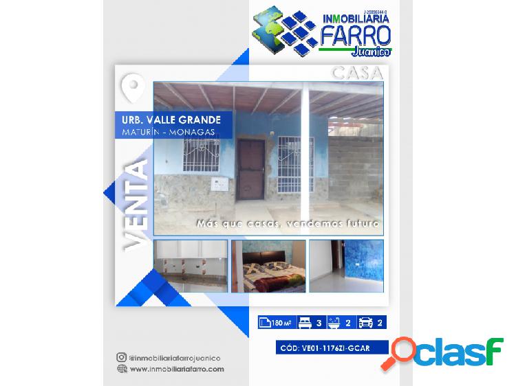 SE VENDE CASA EN URB. VALLE GRANDE MATURIN VE01-1176ZI-GCAR