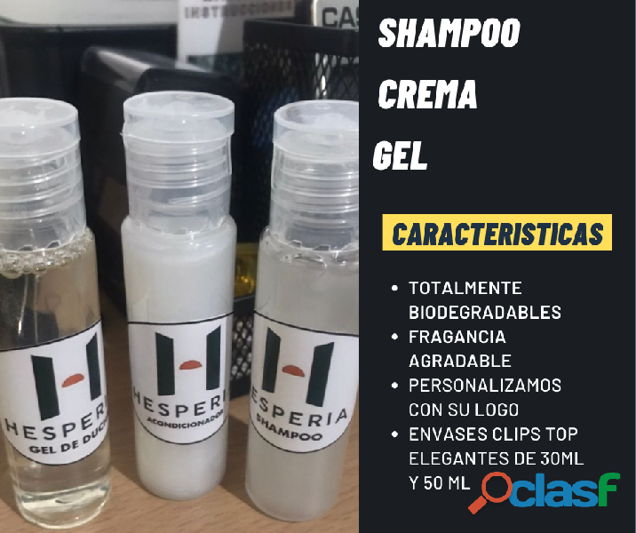 Shampoo, Acondicionador, Gel y crema Uso hotelero 30 ml y 50