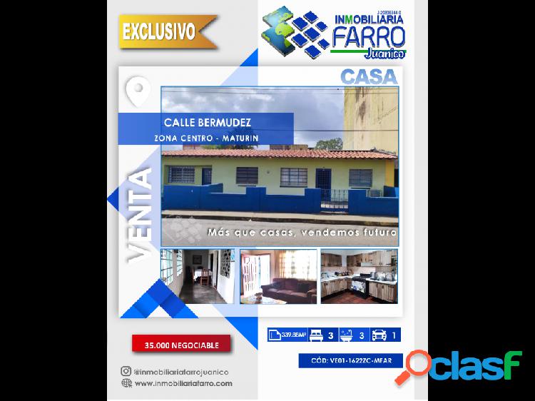 SE VENDE CASA CALLE BERMUDEZ CENTRO MATURIN VE01-1622ZC-MFAR