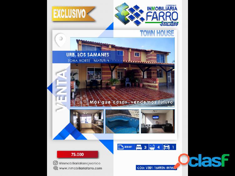 SE VENDE TOWN HOUSE URB LOS SAMANES TIPURO VE01-1649ZN-MFAR