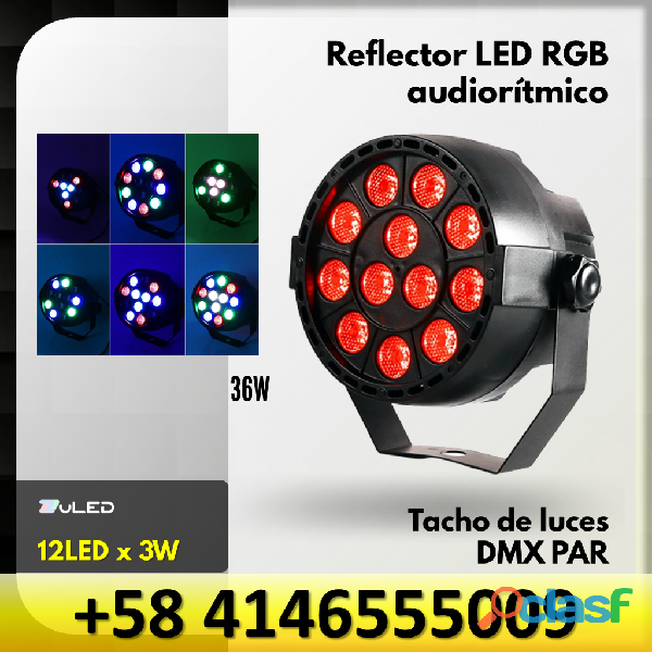 REFLECTOR LED RGB TACHO DE LUCES AUDIORITMICO 12LED X3W DMX
