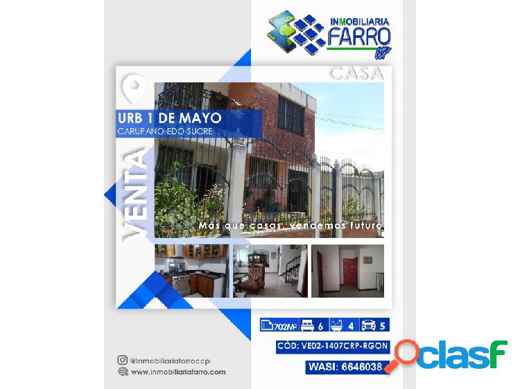 SE VENDE CASA EN URB 1 MAYO/SUCRE/CARUPANO VE02-1407CRP-RGON