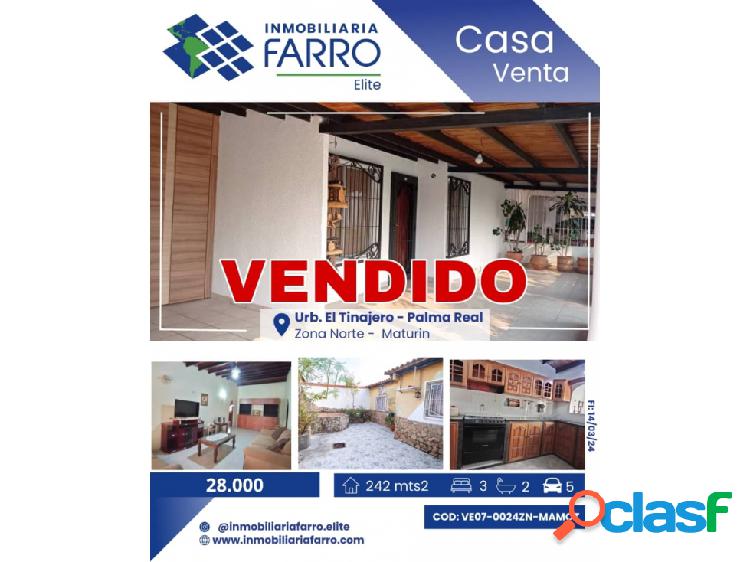 SE VENDE CASA EN EL TINAJERO URB PALMA REAL,