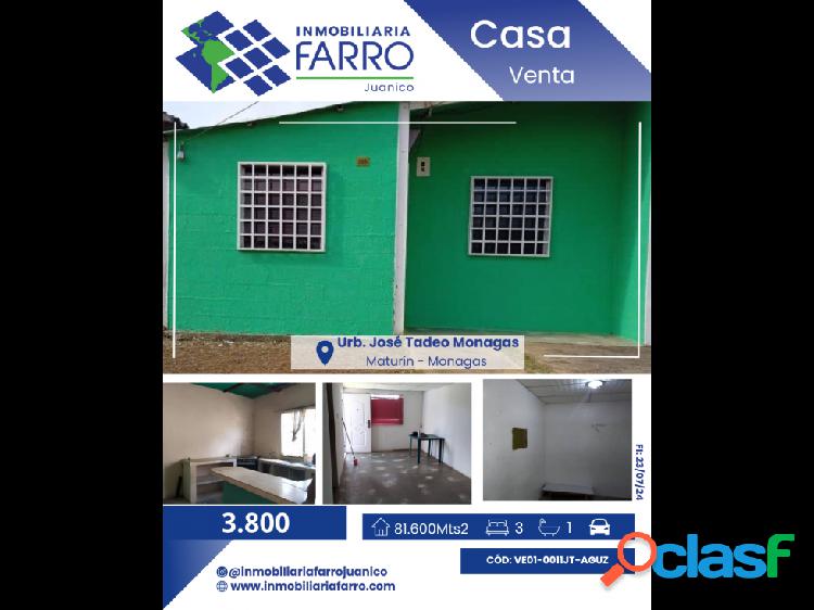 SE VENDE CASA EN URB.JOSE TADEO MONAGAS VE01-0011JT-AGUZ