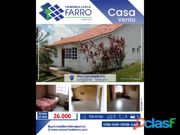 SE VENDE CASA EN URB. LOS MADEROS, JUANICO MATURÍN