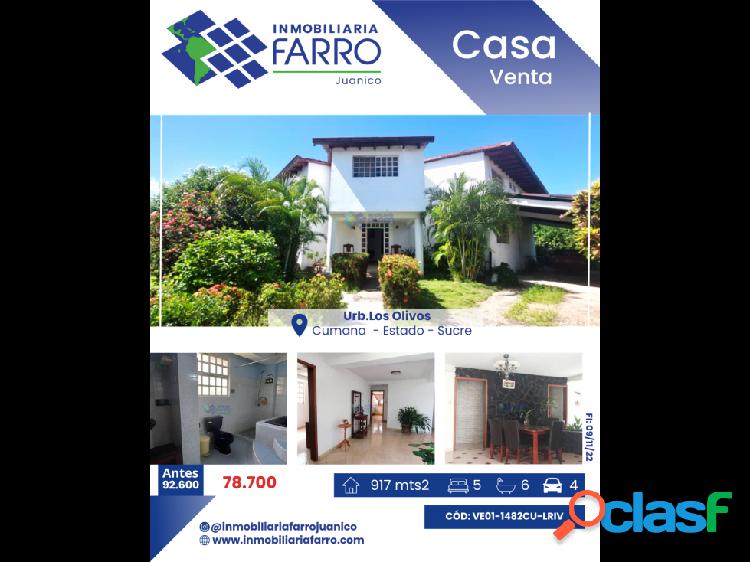 SE VENDE CASA URB LOS OLIVOS CUMANA VE01-1482CU-LRIV