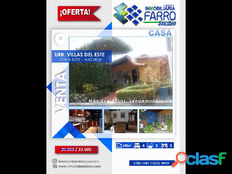 SE VENDE CASA URB VILLAS DEL ESTE, ZONA ESTE, MATURIN