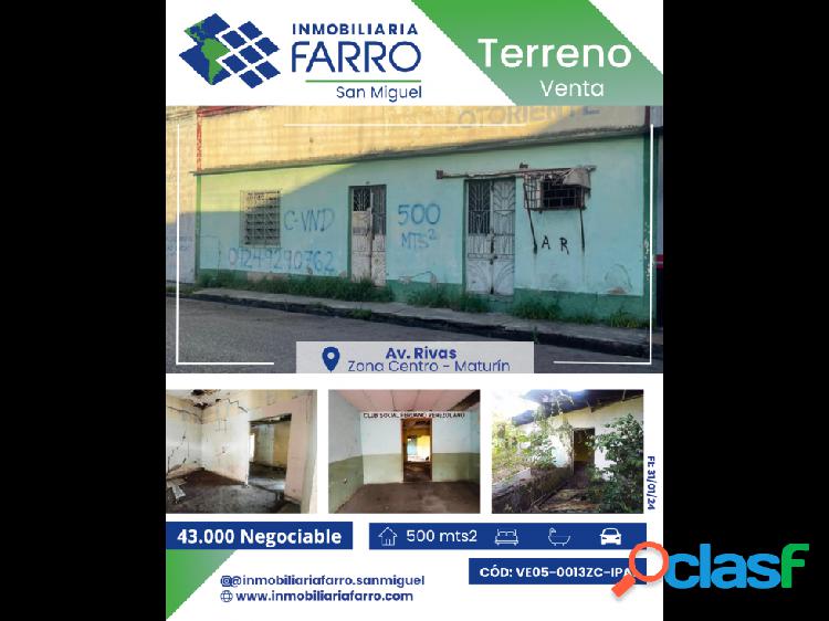 SE VENDE TERRENO AV RIVAS SECTOR CENTRO VE05-0013ZC-IPAL