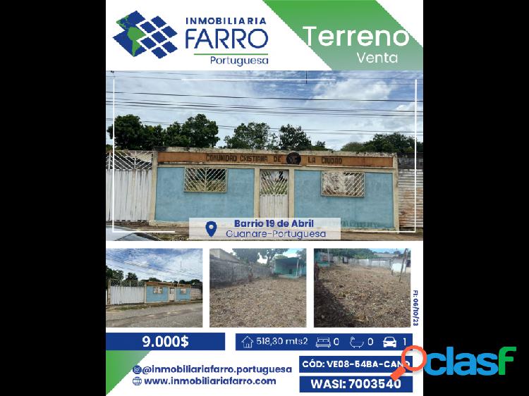 SE VENDE TERRENO BARRIO UNION GUANARE VE-08