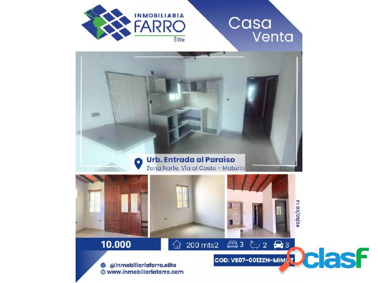 SE VENDE CASA URB ENTRADA AL PARAISO MATURIN